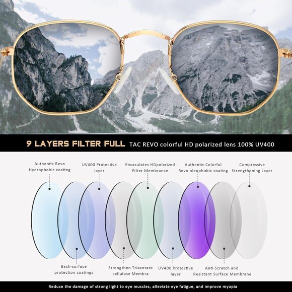 Unisex Gold Black Trendy Square Hexagonal Mirrored Sun Glasses UV Protection main image 5